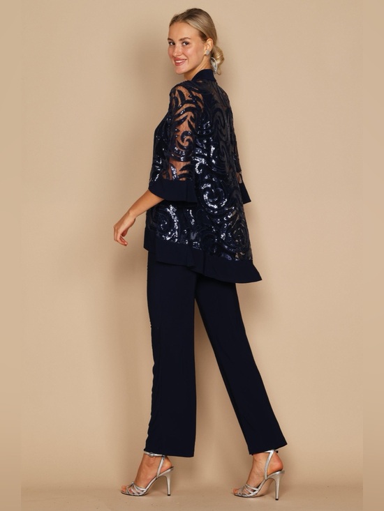 R & M Richards Pants - Three Piece Set With Sequin Swing Jacket and Detachable Necklace in Navy